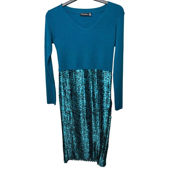 Nina Leonard Womens Long Sleeve Mixed Media Dress Teal Multi Size Small - Picture 3 of 15